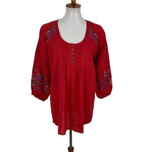 Tasha Polizzi Womens Top Medium Red Embroidered 34 Sleeve Linen Western Rodeo